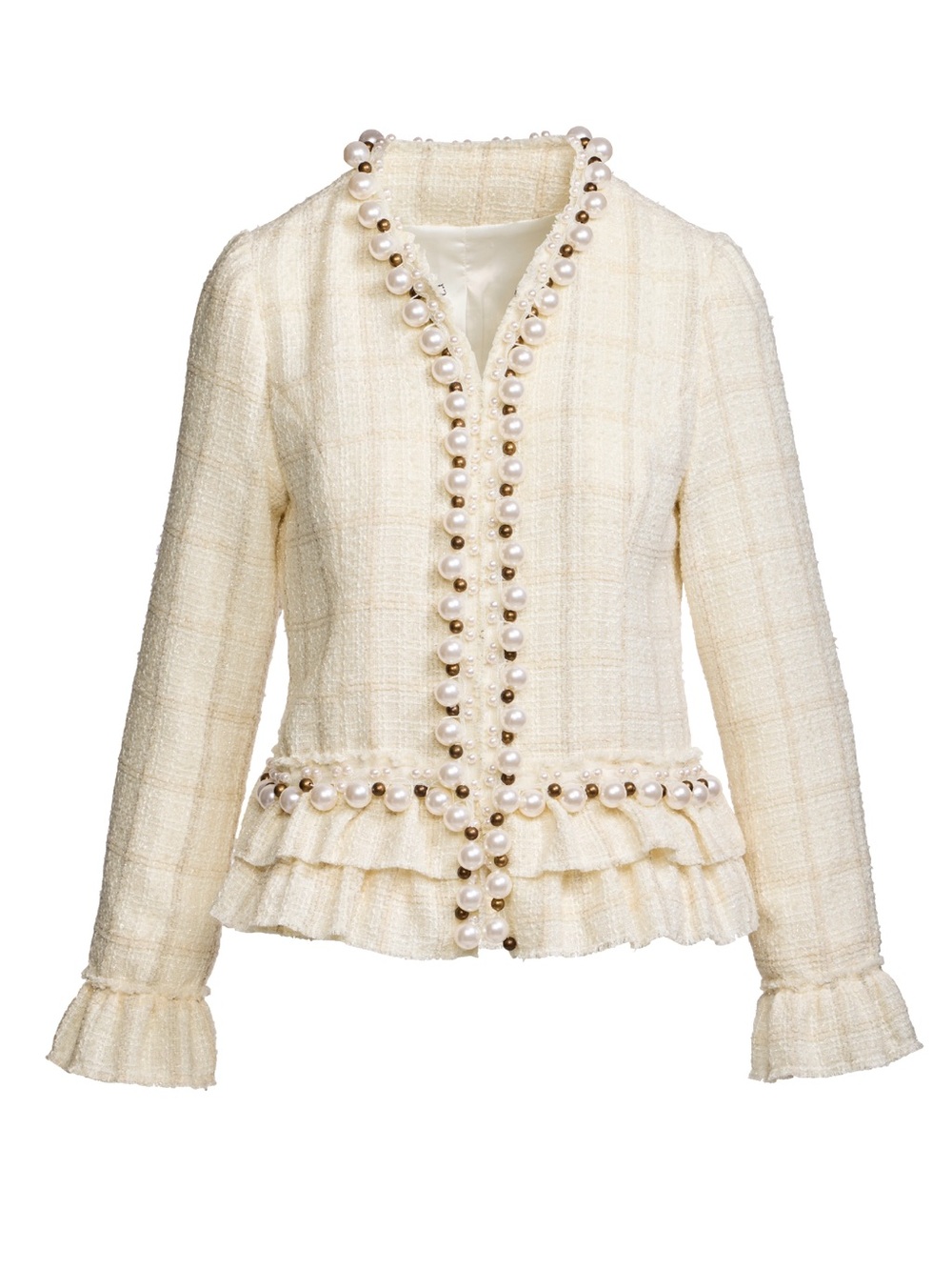 Boston Proper Pearl Trim Tweed Ruffle Detail Jacket Size 8 - Picture 2 of 8
